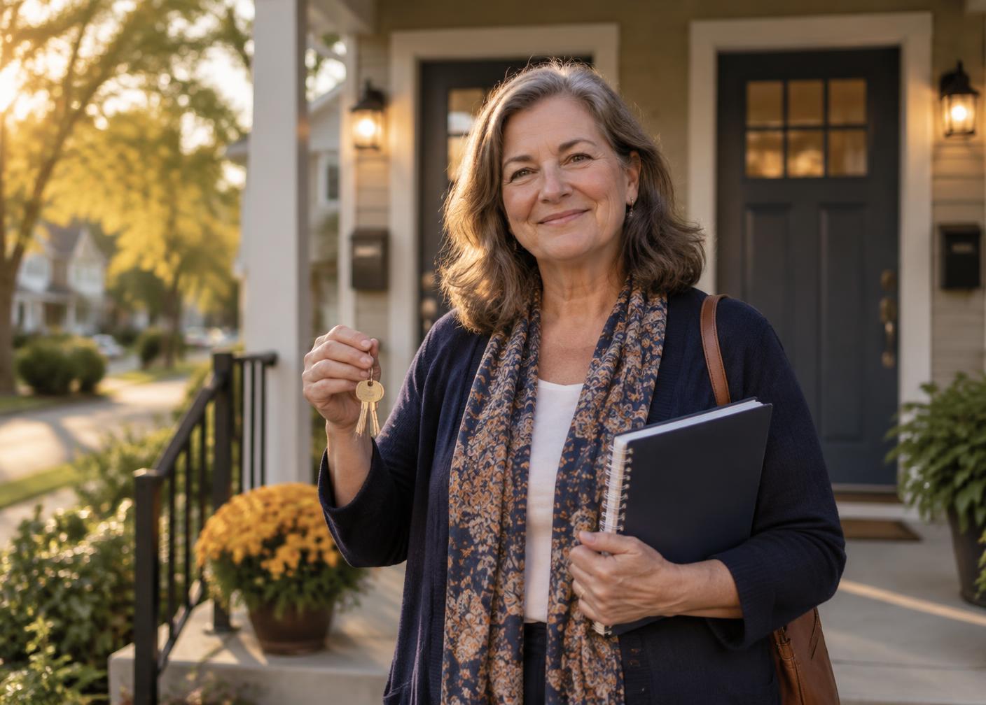 A former teacher holding keys outside a duplex she bought as a rental